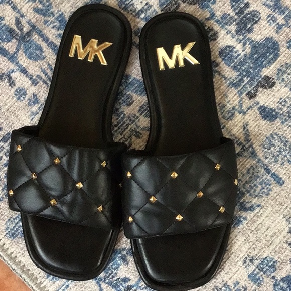 Michael Kors Black and Gold Slide Sandals - Picture 1 of 4